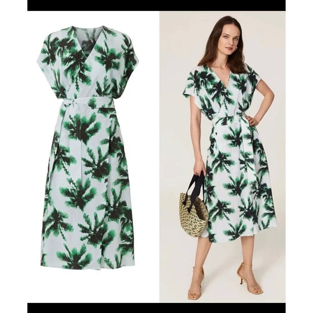 Equipment Femme Green White 100% Silk Palms Bijou Wrap Dress Size 4